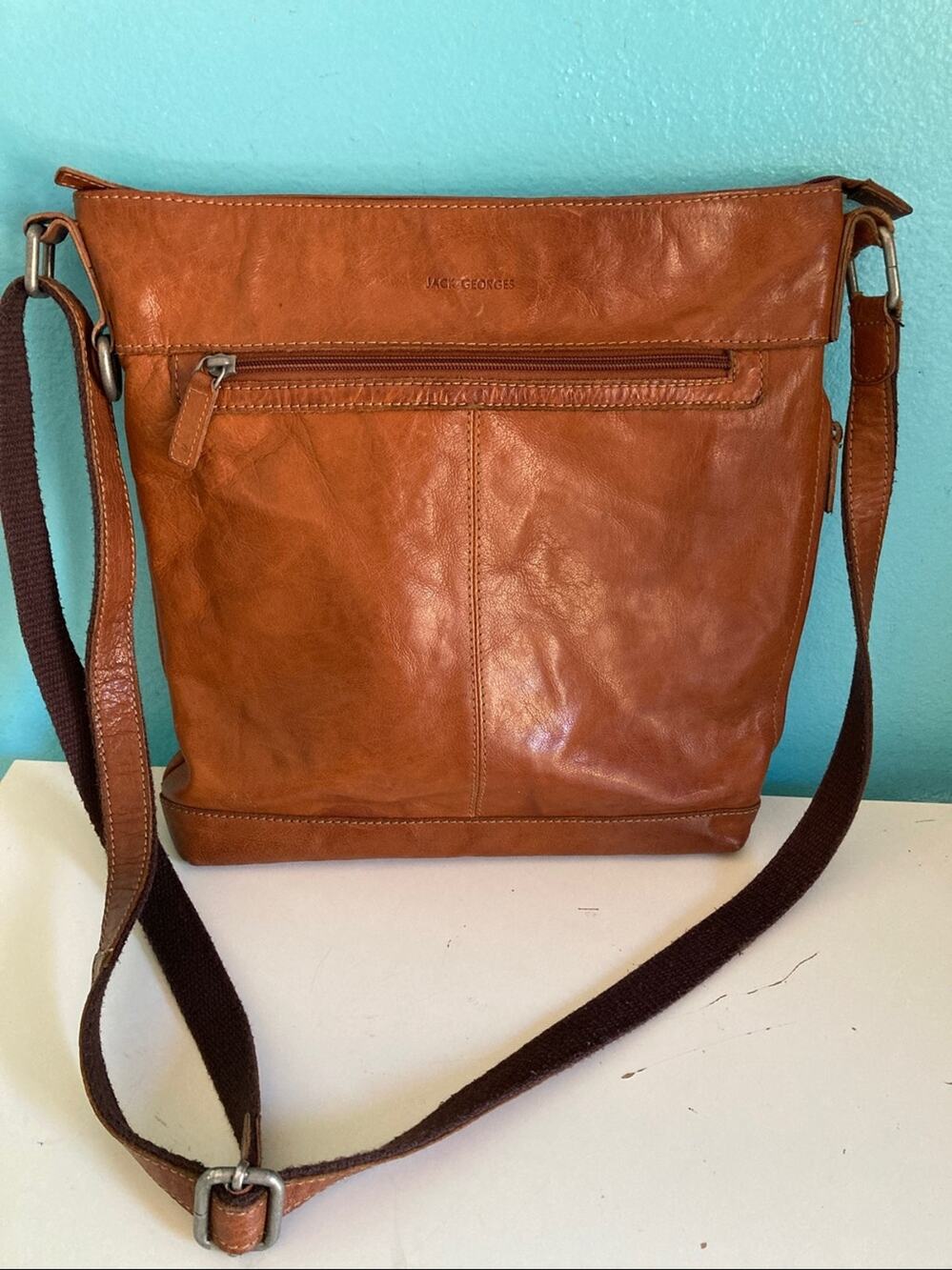 Jack Georges Leather "Voyager" Shoulder Bag 13" X 13" Brown Zip Top Purse